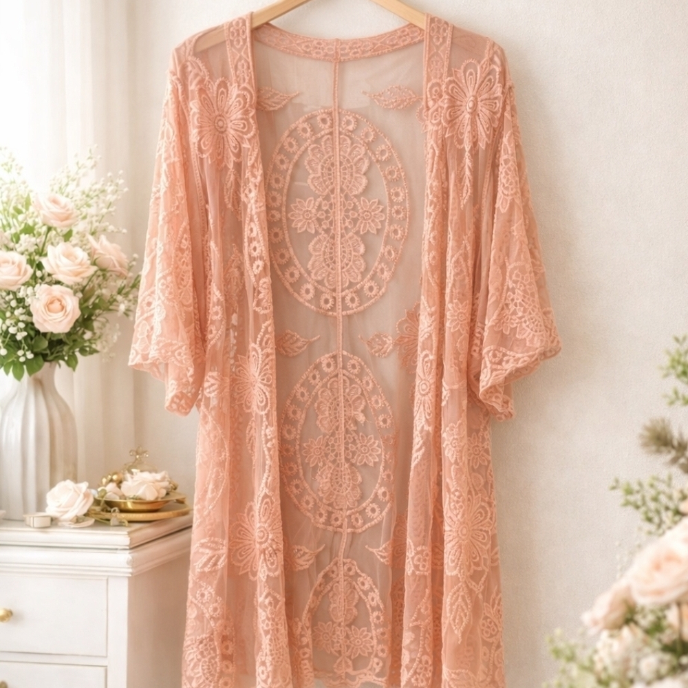 Elegant Lace Kimono Robe - Peach